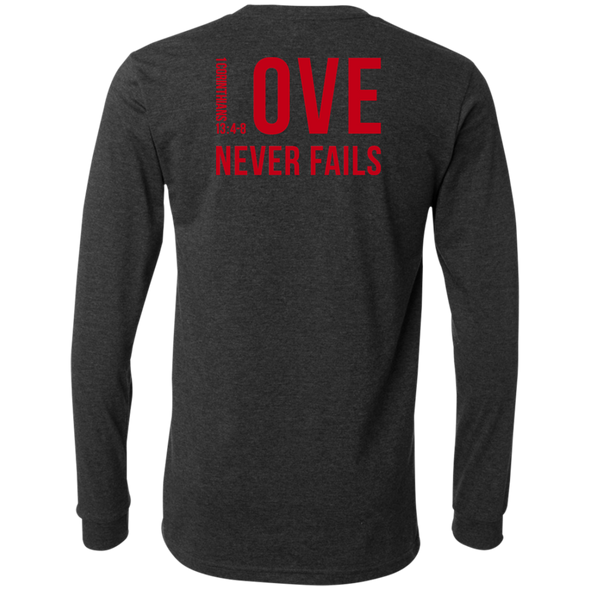 LOVE NEVER FAILS Fitted Men's Jersey LS T-Shirt (4 colors + up to 2XL)