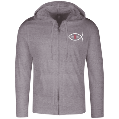 LOVE HAPPENS Christian Fish Embroidered Lightweight Full Zip Hoodie  (2 colors + up to 4XL)