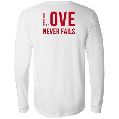 LOVE NEVER FAILS Men's Fitted Jersey White LS T-Shirt