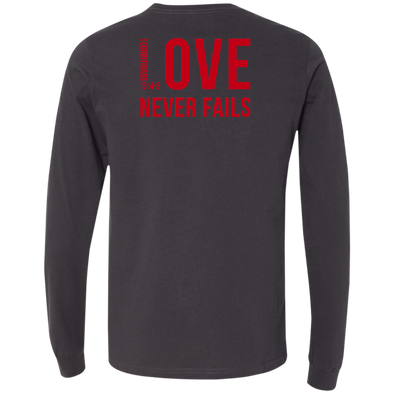 LOVE NEVER FAILS Fitted Men's Jersey LS T-Shirt (4 colors + up to 2XL)